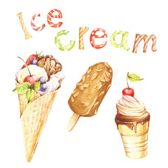 Different kinds of ice cream and the inscription. Hand draw watercolor illustration