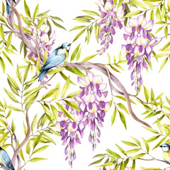Seamless pattern with wisteria. Hand draw watercolor illustration