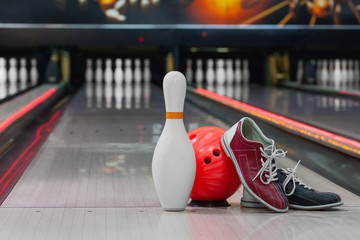 shoes, bowling pin and ball for bowling game - obrazy, fototapety, plakaty