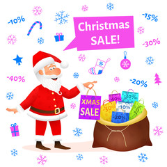 Christmas sale. Flat funny old man character holding Xmas gift on white background. Discount banner or poster template. Christmas decoration design. Santa Claus cartoon vector illustration.