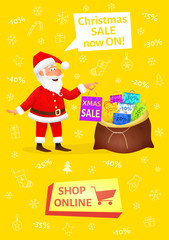 Fototapeta premium Xmas banner with button shop online. Sale poster with flat funny man character holding shopping bag on Christmas background. Discount placard template. Santa Claus cartoon vector illustration.