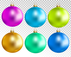 Colorful christmas balls set isolated on transparent background. Holiday christmas toy for fir tree. Vector illustration.