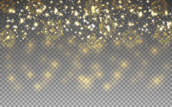 Gold Christmas ligthts and snowflakes on transparent background. Vector illustrations.