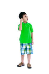 Fototapeta premium Asian child surprised, open mouth and put hand to ear. Isolated on white background.