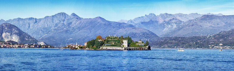 Panoramic view of Lake Maggiore with Island of Isola Bella near Stresa, Piedmont, Italy.