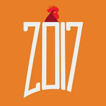 Vector illustration of rooster, symbol of 2017. Silhouette of red cock with flat color style design. Vector element for New Year's design. Image of 2017, year of Red Rooster.