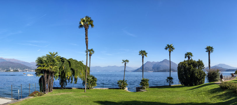 Panaramic iew of Lake Maggiore coast with palm trees , Stresa, Piedmont,Italy