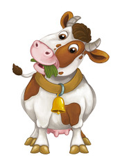 Obraz na płótnie Canvas Cartoon happy cow is standing resting looking and eating grass - artistic style - isolated background - illustration for children