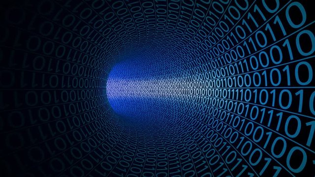 Flight through abstract blue tunnel made with zeros and ones. Modern motion background. Computers, binary data transfer, digital technologies concepts. 4K seamless loop animation