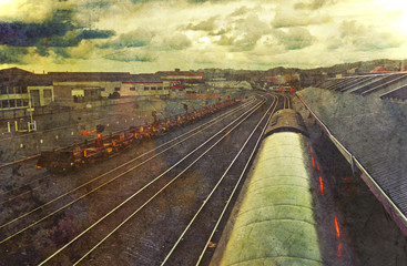Grunge vintage textured train carriages at station and railway tracks under dramatic sky at dusk, Dunedin, New Zealand