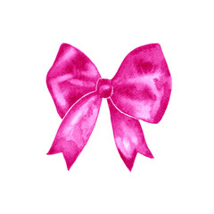 Pink gift bow. Watercolor drawing. Illustration on white background.