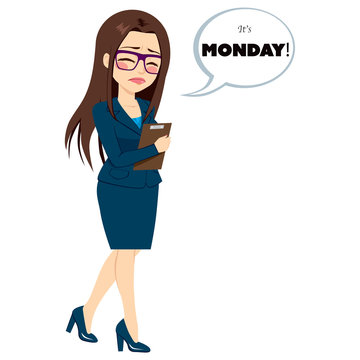 Young businesswoman walking sad with folder and speech bubble with text it's Monday