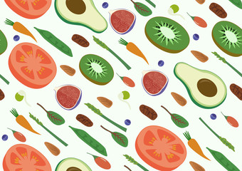 Superfood Vegan Eco Organic Raw Vegetables and Fruits Seamless Diagonal Pattern. Flat Vector Vegetarian Art