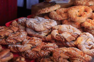 Sweets at Christmas fair. Traditional colorful and festive candies at the Market in Vienna in Austria. Selective focus. Bun