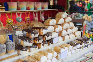 Sweets at Christmas fair. Traditional colorful and festive candies at the Market in Vienna in Austria. Selective focus. Bun