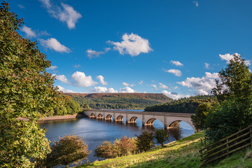 Ashopton Viaduct above Ladybower Reservoir, which are located in the Upper Derwent Valley, at the...