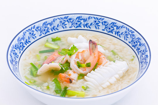Boiled rice with prawn and squid