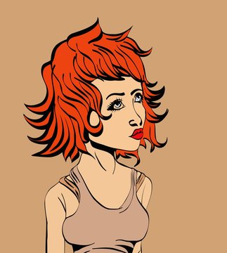 color sketch cartoon girl in red hair shirt
