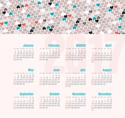 Calendar 2017 with heart. Week Starts Sunday
