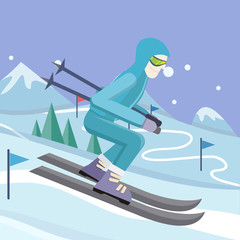 Skier on Slope Vector Illustration in Flat Design