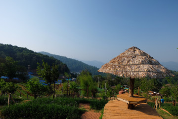 Beautiful mountain landscape, with mountain peaks covered with forest and a blue sky.