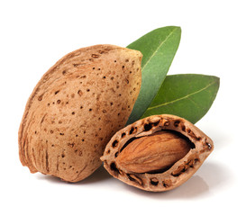 almonds in their skins and peeled with leaf isolated on white background