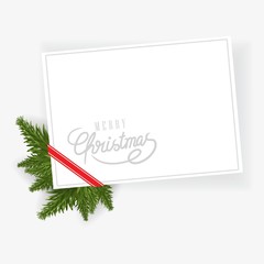 blank christmas decoration frame with ribbon and christmas tree