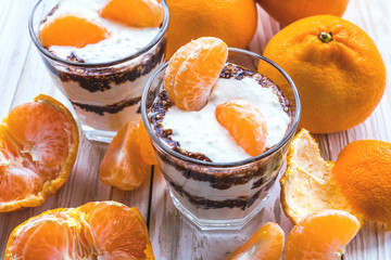 Whipped cottage cheese mousse with dark chocolate and mandarin