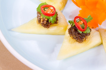 Fruits with Sweet and Savory Peanuts Sauce, authentic snack Thai Food