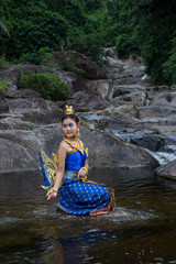 Asian woman wearing dress traditional Thai costume ,beautiful women thai in the past.