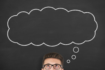 Search Photos Thought Bubble Business Man Standing Next To Thought Bubble Drawn On Chalkboard