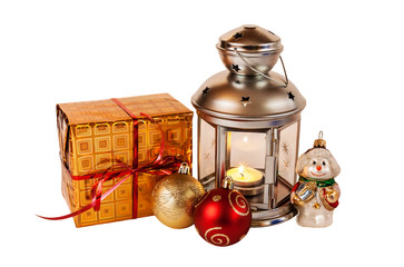 Christmas gift, decorations and  lantern isolated on white background