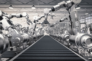 robotic arms with empty conveyor belt - obrazy, fototapety, plakaty