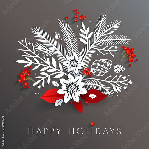 "White paper floral holiday arrangement with red berries 