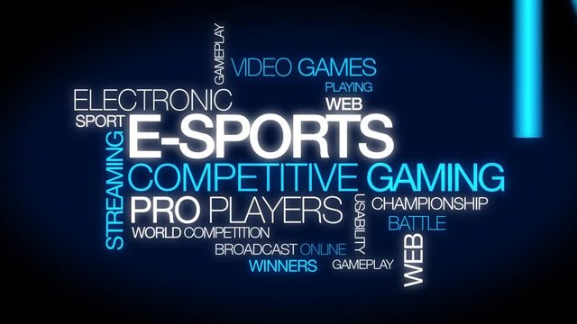 E-sports electronic sports competitive video gaming pro games player league words tag cloud animation 