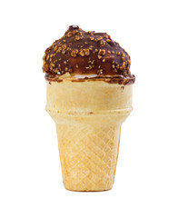 Ice cream with chocolate icing and nuts in waffle cup