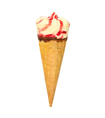 Banana-strawberry ice cream in waffle cone