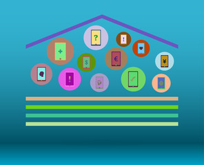 Fototapeta premium Technology network. Connected symbols for digital, connect, communicate, social media and global concepts. Background with lines, circles, integrate flat icons