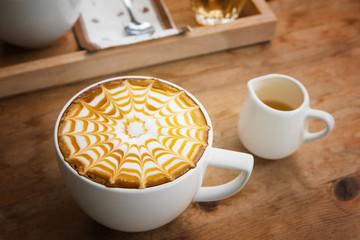 Coffee cup for serve vintage style, Hot coffee in white mug style vintage