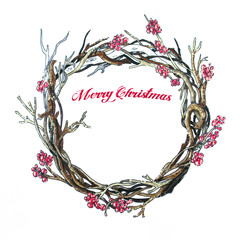 Christmas wreath on white. Hand drawn sketch