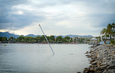 Fototapeta premium Sunken luxury yacht near the coast.