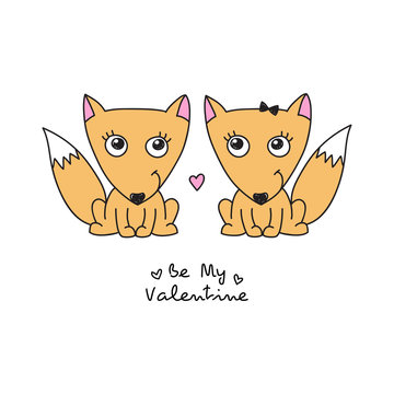 vector hand drawn foxes couple, greeting card for valentines day