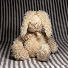 Doll plush bunny sitting on a striped background.