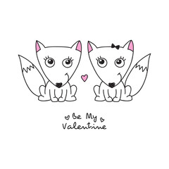 vector hand drawn foxes couple, greeting card for valentines day