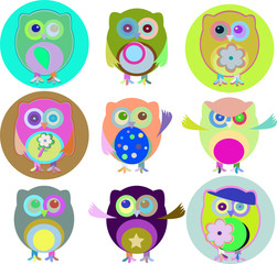 colorful owls with nine color combinations isolated on white