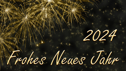 Silvesterkarte  "Frohes neues Jahr 2024" mit goldenem Feuerwerk 