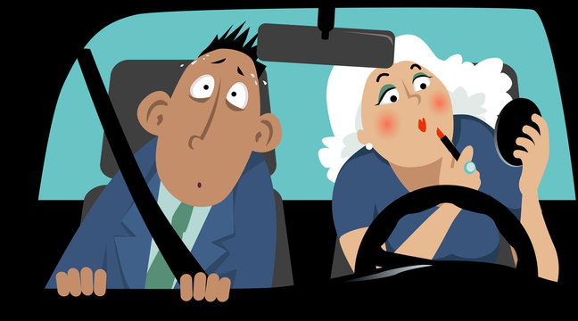 Terrified passenger sitting in  car next to a female driver who is applying make-up, EPS 8 vector illustration no transparencies 