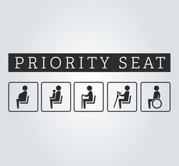 Disabilities and seniors, cripple, pregnant, mom or mother with child area sign set. Priority seating for customers, special place icons on background. Vector illustration flat style.