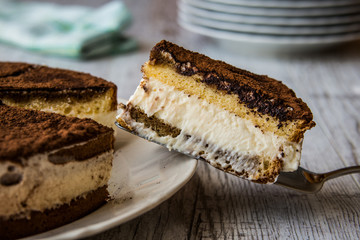 Homemade Tiramisu Cake on a white wooden surface.