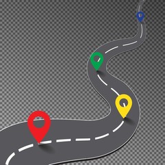 Street road with map point isolated on transparent background, curve way to goal, racing track, business infographic with colorful pin pointer, vector illustration